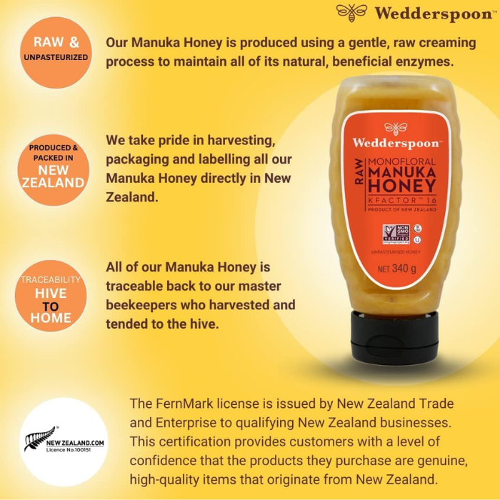 Wedderspoon Raw Monofloral Manuka Honey KFactor 16 340g